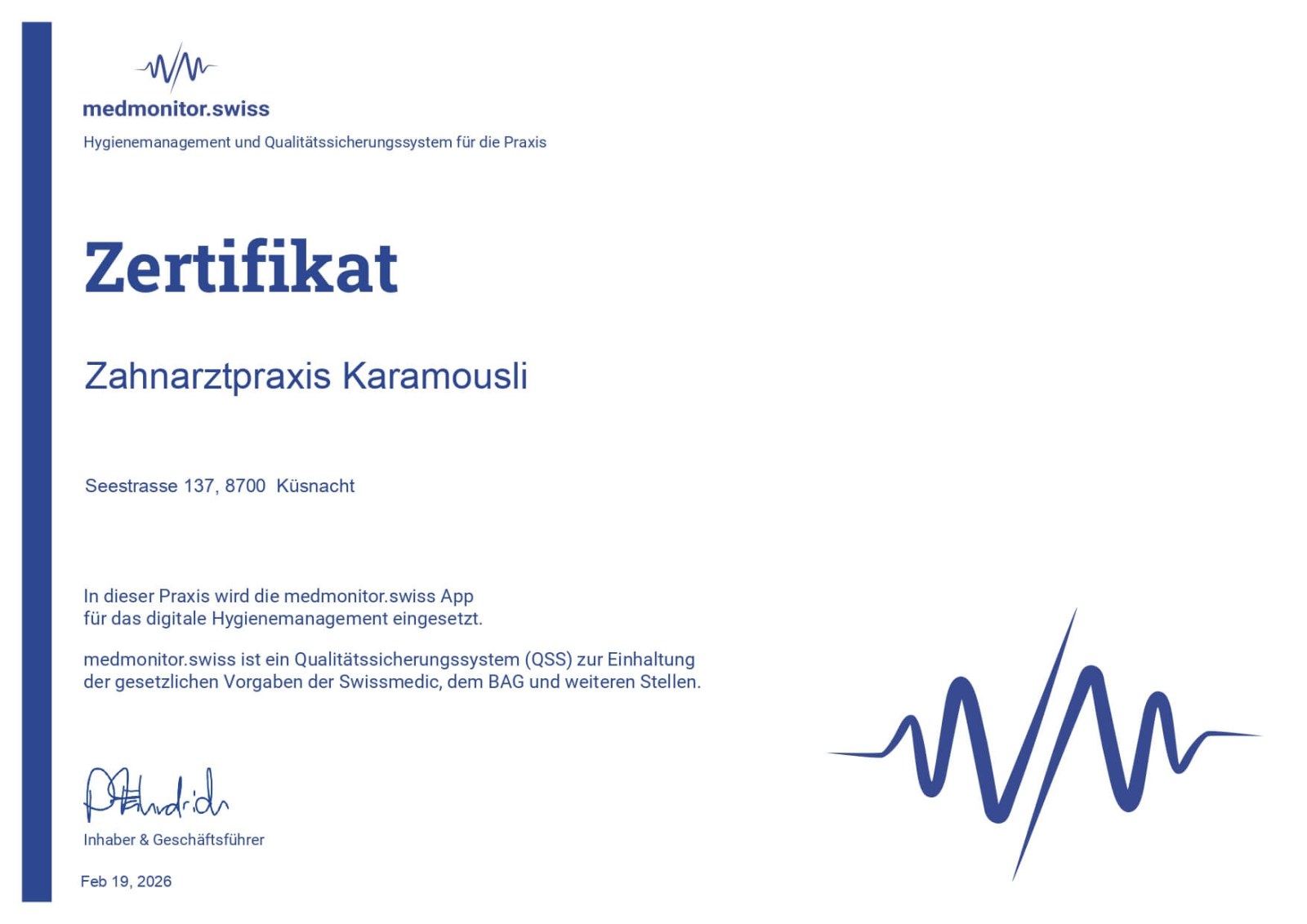medmonitor.swiss certificate for the digital hygiene management of the Karamousli dental practice
